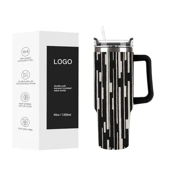 40oz Coffee Tumbler With Handle Stainless Steel 8/18 Custom Pattern Water Bottle Double Wall Insulated Beer Mug For Fitness