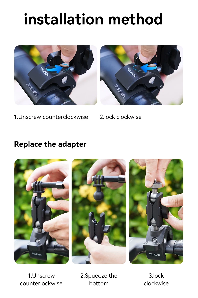 TELESIN Double Clamp Halterung Fahrrad und Motorrad Halterung für GoPro Hero 13 12 11 10 9 8 7 6 5 4 3, Lenker Halterung für DJI Osmo Action 4 3 Pocket 3 Insta360 X4 X3 Go 3 Action Kamera Zubehör