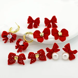 Ilona Trendy  Style Women's Jewelry Cute Girl Red Bow Gold Plated Stud Earrings Sets with Shell Pearl for Christmas Wholesale