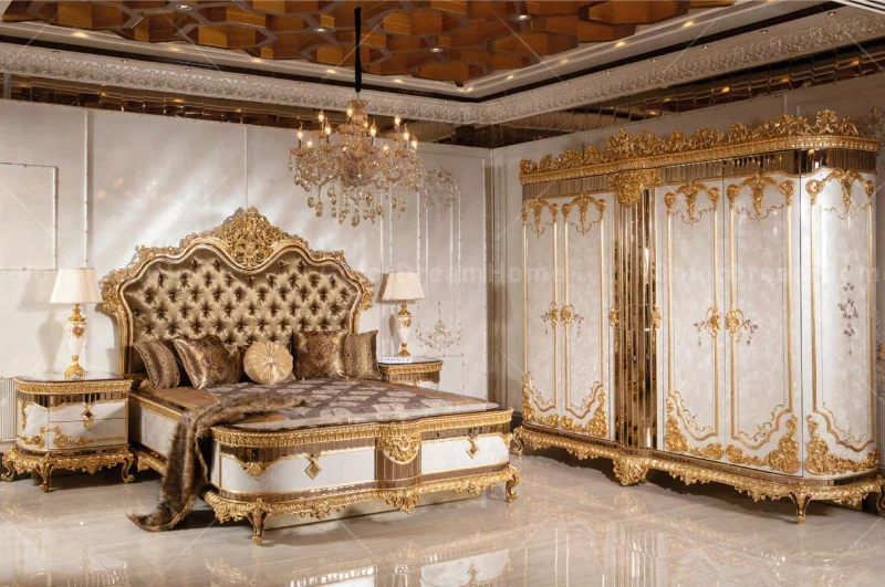 Royal Luxury Gold Hand Carving Bedroom Furniture Set