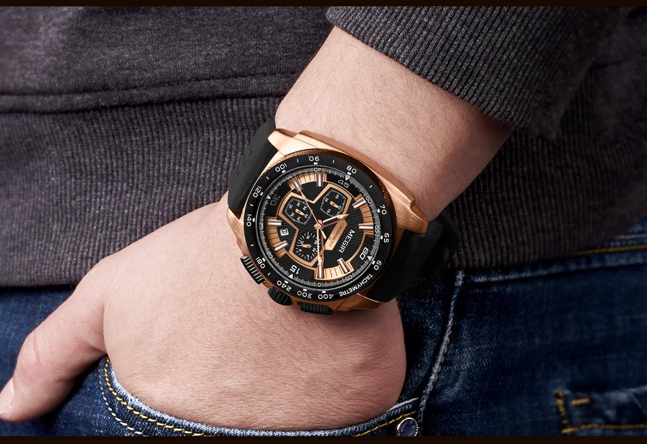 Megir 2056 Multi-function Chronograph Quartz Movement Luxury Black Men's Wristwatch Sports Silicone Fashion Watch Quartz Watches