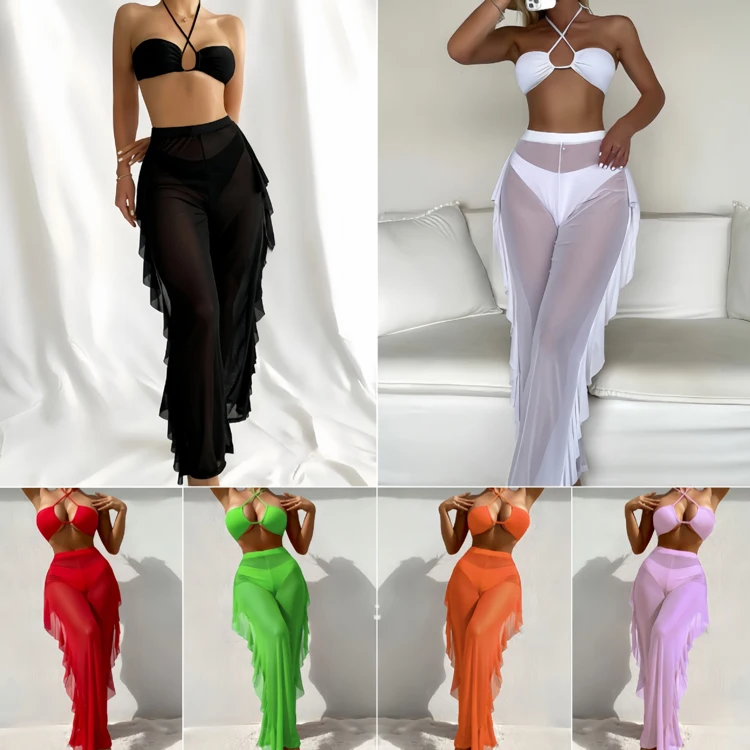 Hot Models Solid Color Mesh Bikini Ruffled Pants Bikini Solid Color Swimsuit Wholesale
