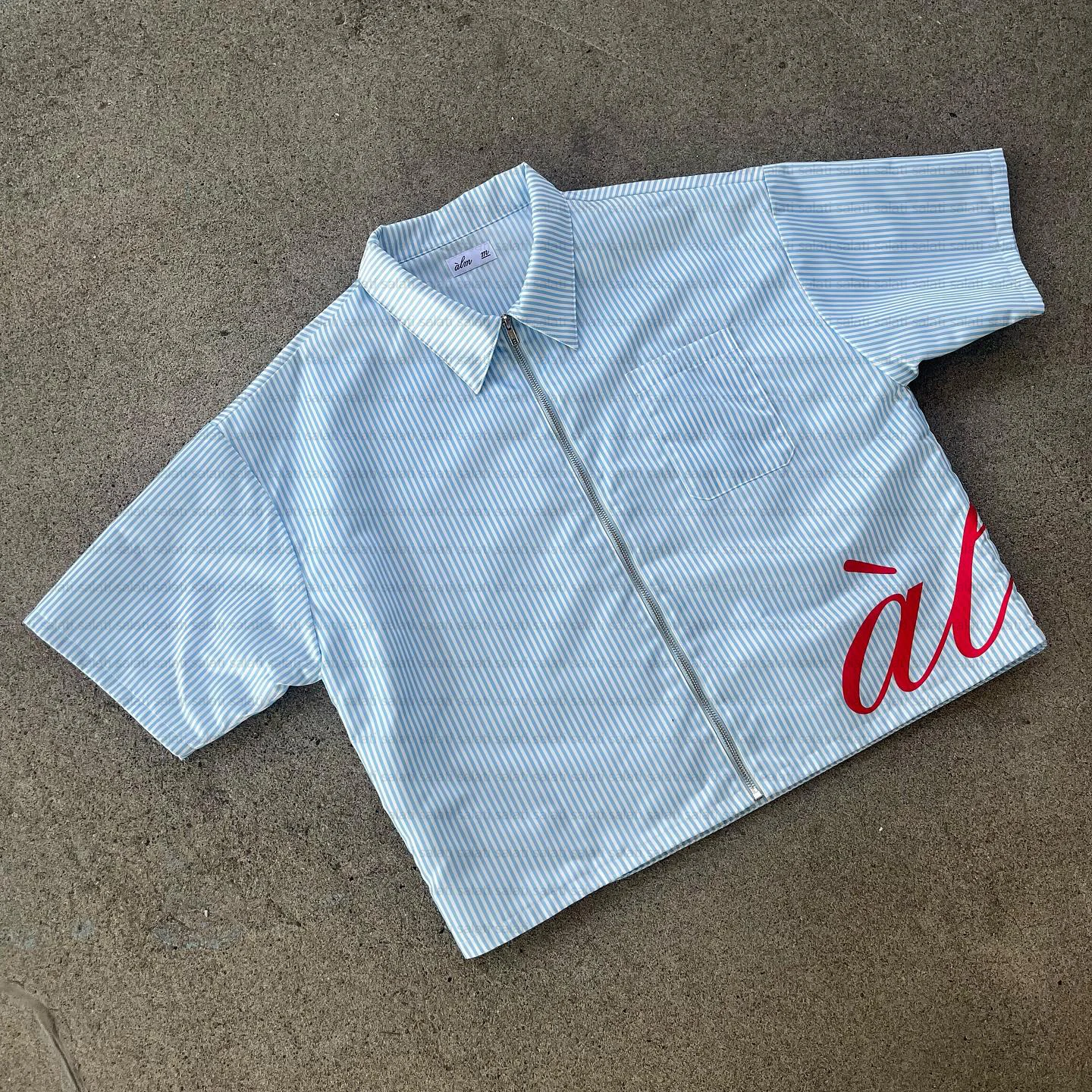 Shirts Manufacturer Streetwear Summer Short Sleeve Screen Printing Over Size Zip up Collar Stripe Boxy Cropped Shirts for Men gallery 2