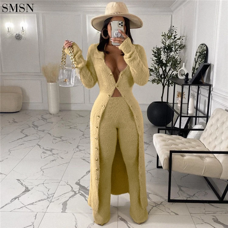 Best Design Solid Color Plush Long Coat Casual Suit Wholesale 2 Piece Set Women Clothes 2 Pice Women Sets