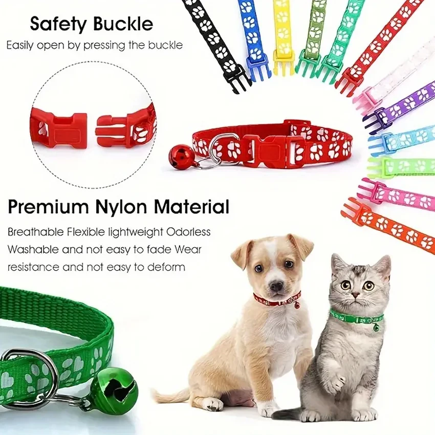 Adjustable Nylon Dog Collar with Quick Release Buckle Durable Paw Pattern Print Bell and Breakaway Design for Pets