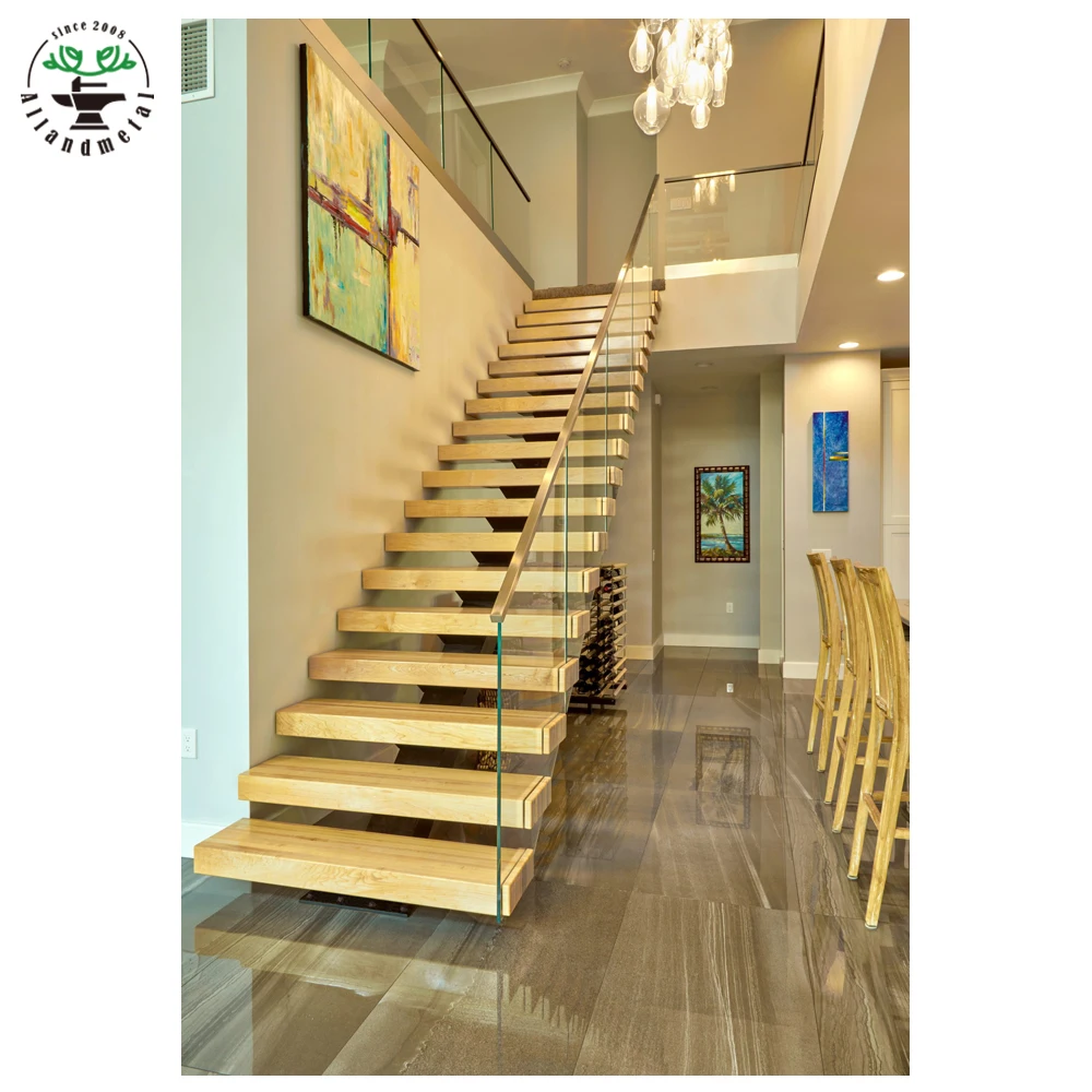 Современный дизайн, прямые плавающие лестницы, закаленные прозрачные стеклянные перила, моно-металлические стрингеры из дерева, нержавеющей стали