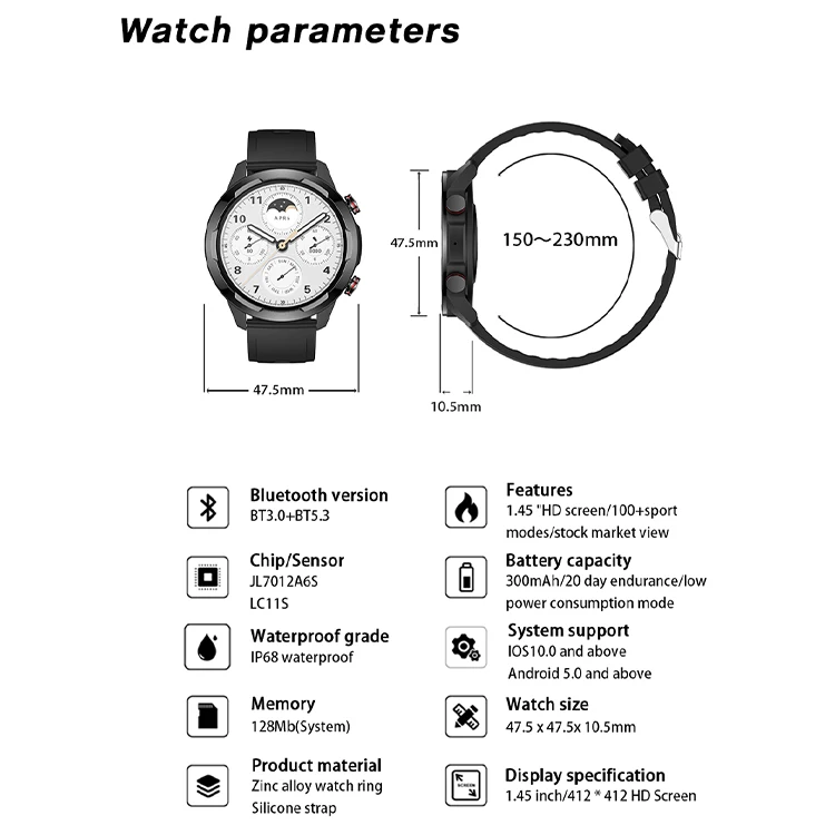 2023 New Arrival HX08 Smart Watch Men Sports Watch 145 Inch BT Call Information Alert Smart Watch Android