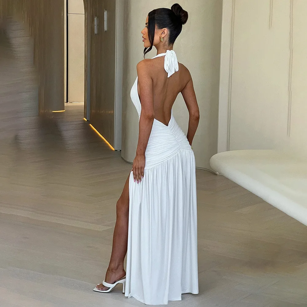 Liu Ming Latest Design 2024 Fashion Women Solid Sleeveless Halter V Neck Backless Ruched Maxi Split Evening Party Dresses