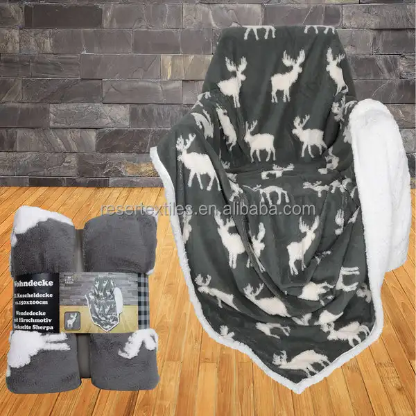 Christmas Deer Design Modern Sherpa Flannel Fleece Throw Blanket Knitted Eco-Friendly Anti-Pilling Fluffy Couch Bed Sofa Cozy