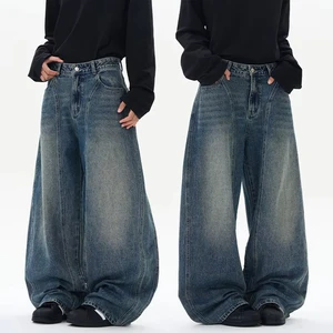 Personalized Vintage Jeans Men's Autumn New Harajuku Fashion Straight Wash Streetwear Denim Pants Youth Wide Trousers
