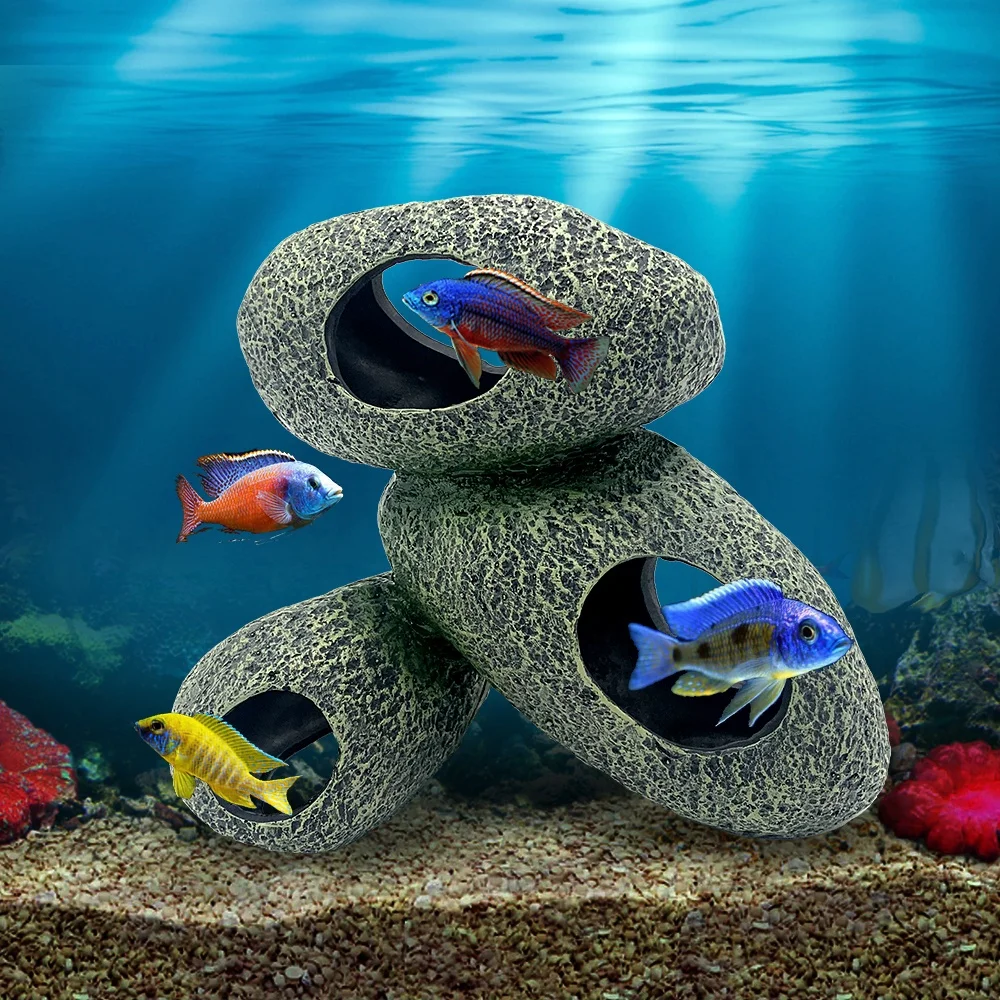 Fish Tank Aquarium Decoration Polyresin Cichlid Stones Rocks Cave Ornament  Accessories Include a Set