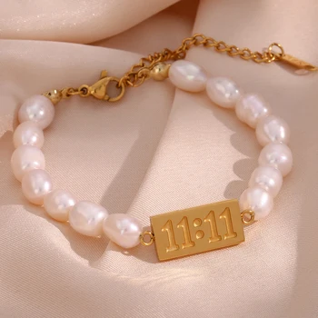 Dropshipping Gold Plated Number 11:11 Bar Fresh Water Pearl Chain Bracelet Stainless Steel Jewelry Anti Tarnish Bracelet