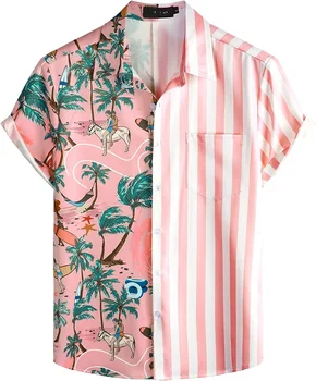 Custom Mens Flamingo Animals  Hawaiian Shirts Short Sleeve Button Down Summer Shirt Beach Casual Shirts