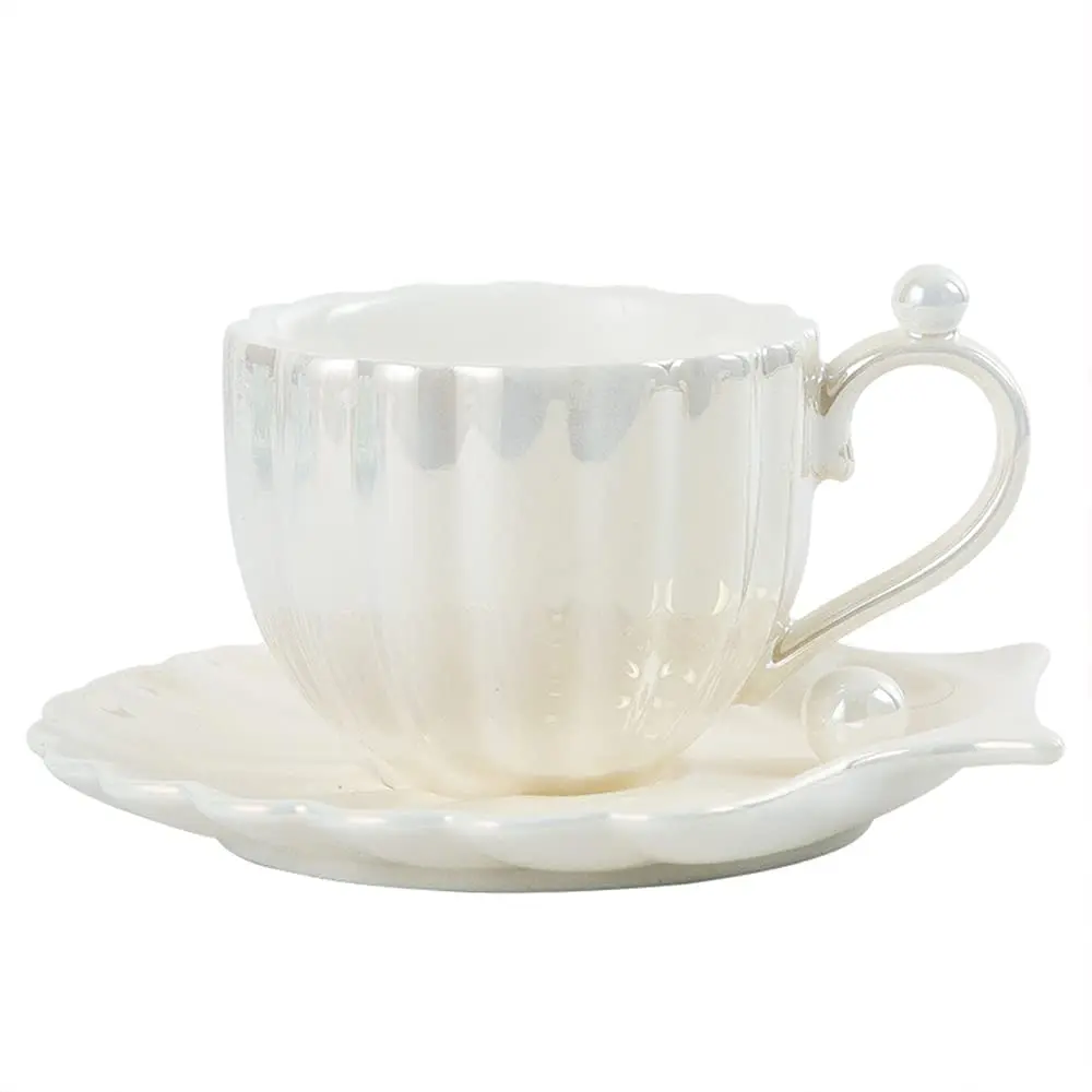 Elegant Mug Unique Pearl Shells Shapes Exquisite Coffee Cup and Saucer Set Ceramic Porcelain Tea Cup and Saucer 240ml