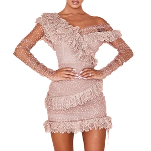 Sweet Girls Blush Lace Frill Mini Dress One Shoulder Low Chest Polka Dot Lace Short Dress Bodycon Party Dress