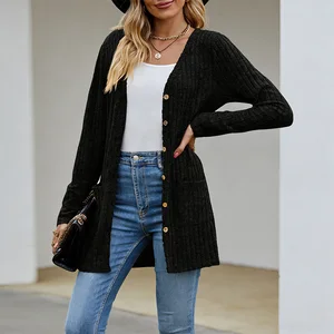Women 2026 Spring Knitwear New Ground Pit Strip Solid Color Long Sleeve Elegant Knit Cardigan Long Sweater Coat