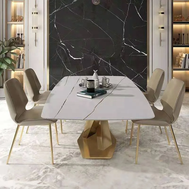 Luxury Dining Table Rectangular Shape Sintered Stone Marble Top Gold Stain Steel Stand Unique Design Restaurant Table