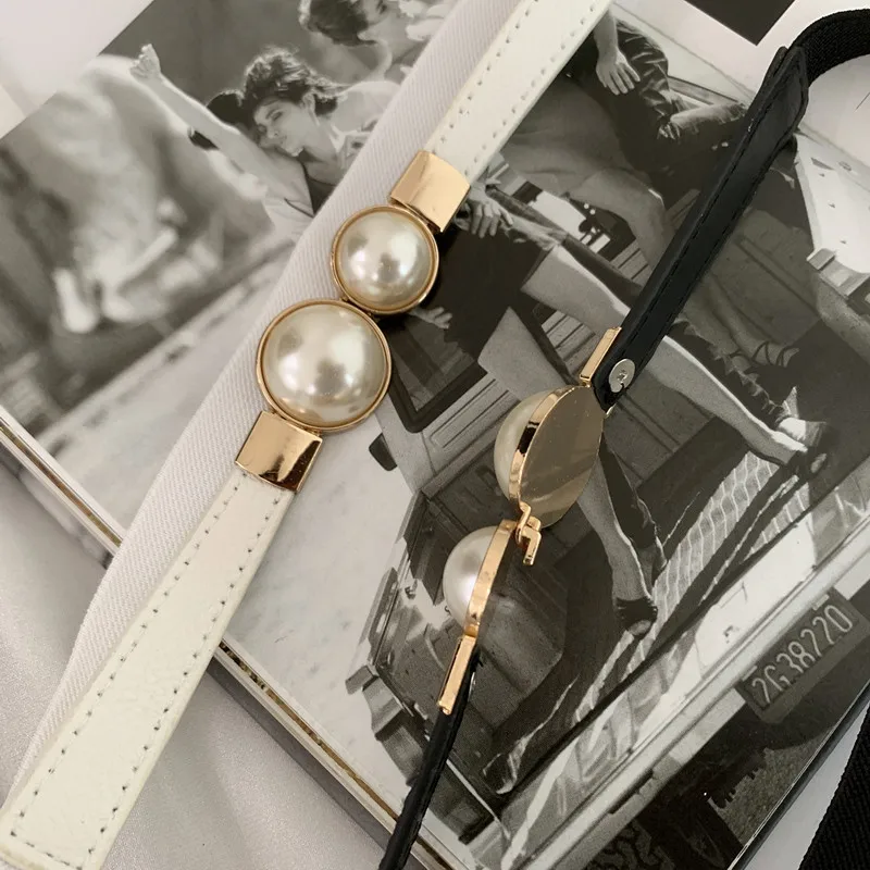 2022 New Designer Ladies White Belt Fashion Sweater Black Pu Leather Pearls Belt For Women Dress