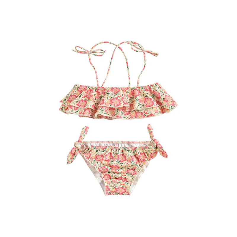 Custom Two Piece European American Style Cute Flower Suspender Child Girls Swimwear Kids Swimming Suit