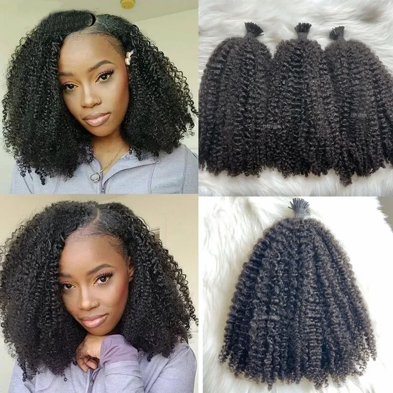 3B 3C Afro Kinky Curly I Tip Hair Extensions Mongolian Kinky Curly Hair Weave Natural Remy Human Hair Microlink_voghion.com