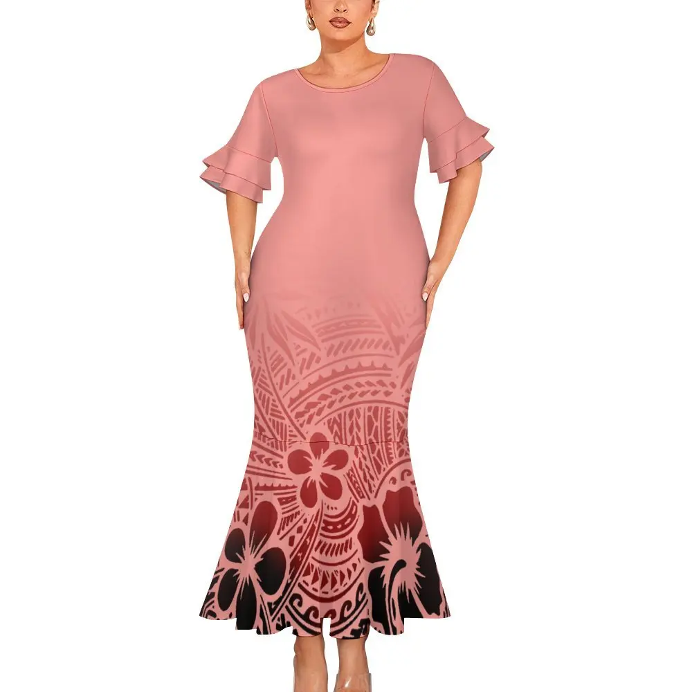 2024 New Fashion Samoan Dress Island Style Clothing Elegant Evening Maxi  Dress Double Cuff Round Neck Fishtail Dress
