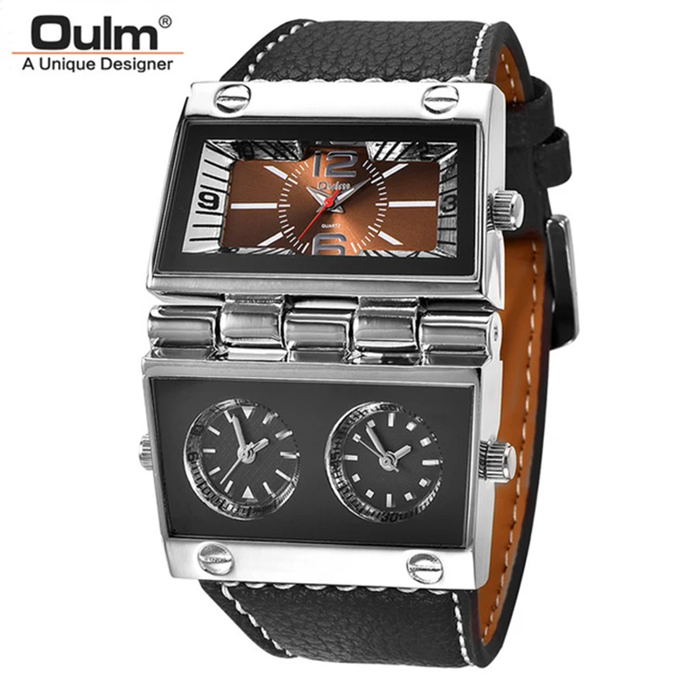 Oulm 9525 Men's Square Watch - Large Dual Dial, Leather Strap
