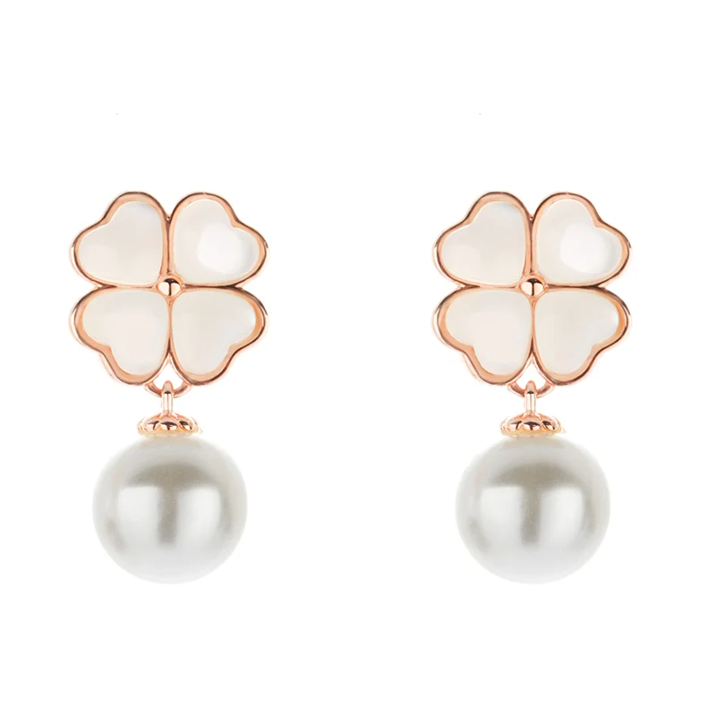 Wholesales 925 Sterling Silver 18K Gold Plated Fashion Women Four Leaf Clover Pearl Stud Earrings Je(图6)