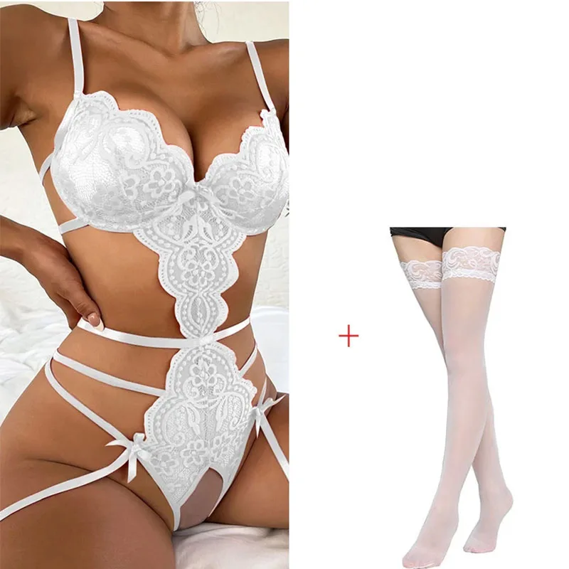 Women Sexy Lingerie Set Solid Mesh Lace Patchwork Underwear Set With