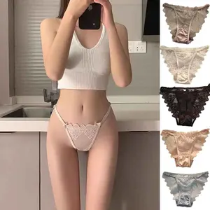 High Quality Custom Women's Sexy Low-Rise Solid Transparent Lace Seamless Spandex/Cotton Thong Underwear Wholesale