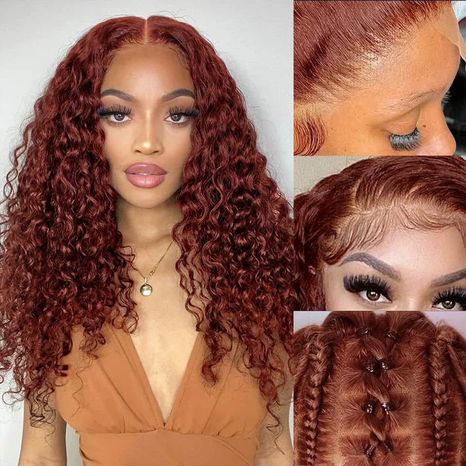 Rötlich braune Jerry Curly Lace Front Perücke Remy Echthaar 13x6 Kinky Curly Glueless Transparent Frontal Perücke_voghion.com