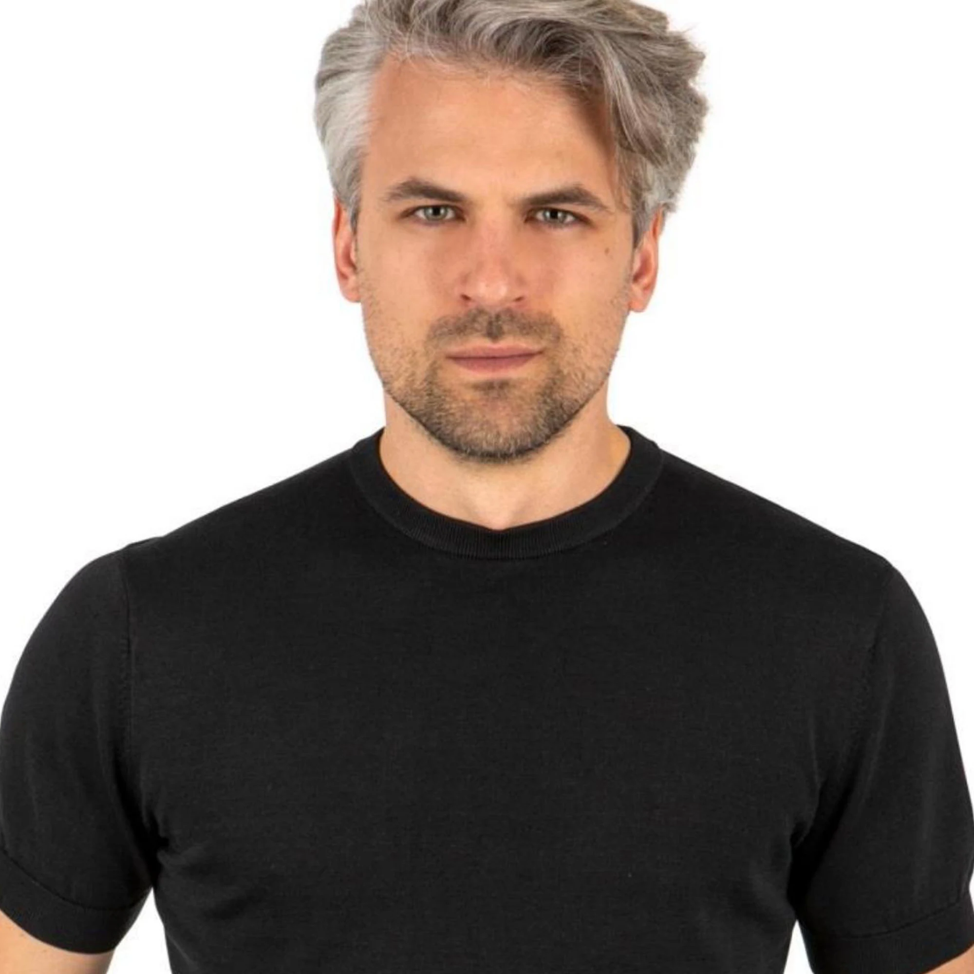 Custom Logo Designer Black Solid Color Cotton Silk Short Sleeve Men Knitted T-shirts