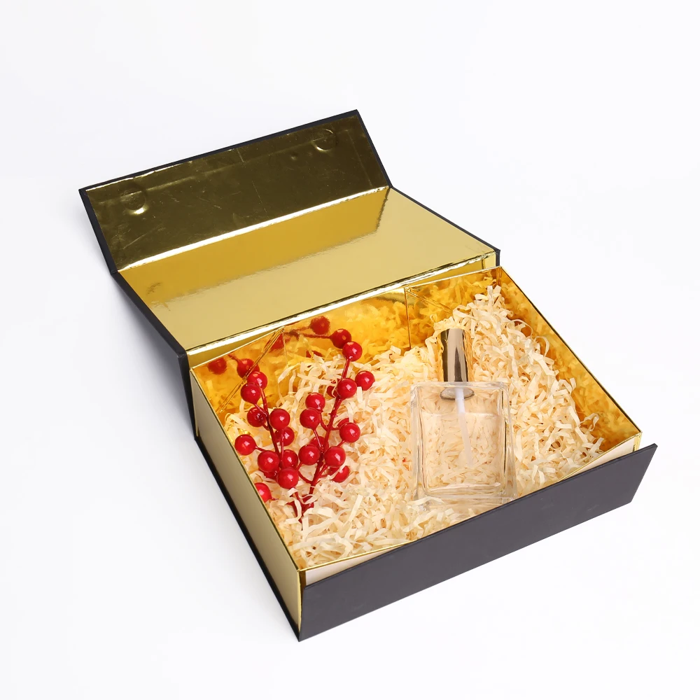 علب تغليف هدايا فاخرة مخصصة من الكرتون الأسود مع طباعة حرارية وغطاء مغناطيسي من الورق، مخصصة للشركات