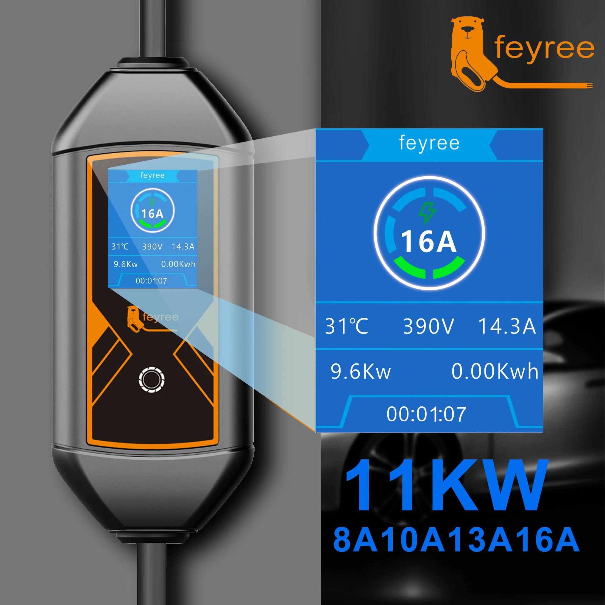 feyree 11kw 16a ev portable charger