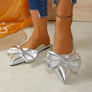 QuiteS 2026 Women's Casual Summer Flats Large Size Baotou Half Slip-On Sandals with Pointed Toe Bow Lazy Mule Outdoor Design