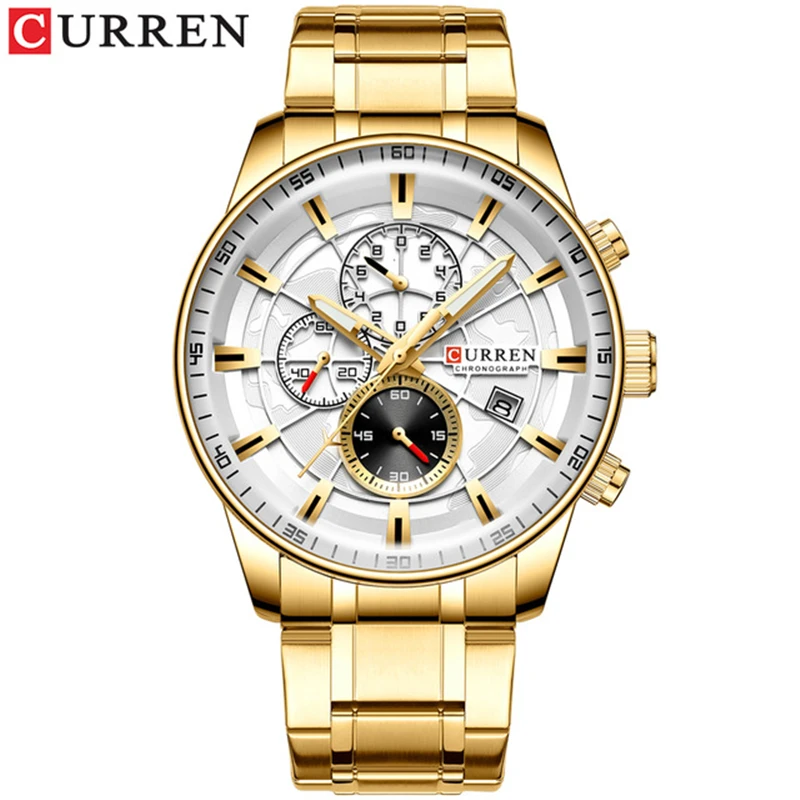  CURREN Reloj cronógrafo de negocios hombres relojes de pulsera  de cuarzo impermeable de malla de acero relojes hombres reloj hombre, Dorado,  blanco, Cronógrafo, movimiento de cuarzo : Ropa, Zapatos y Joyería