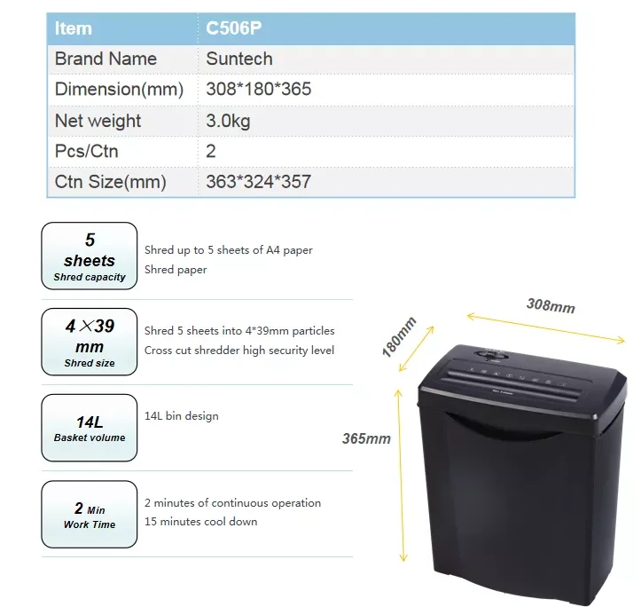 Cross Cut 14L Destroy Documents Credit Card 5 Sheet Paper Shredder Machine C506P