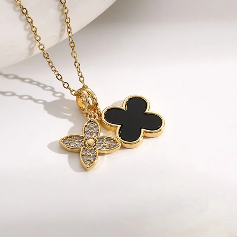 Plant Lucky Zircon Four-leaf Classy Grass Pendant Stainless Steel Gold 