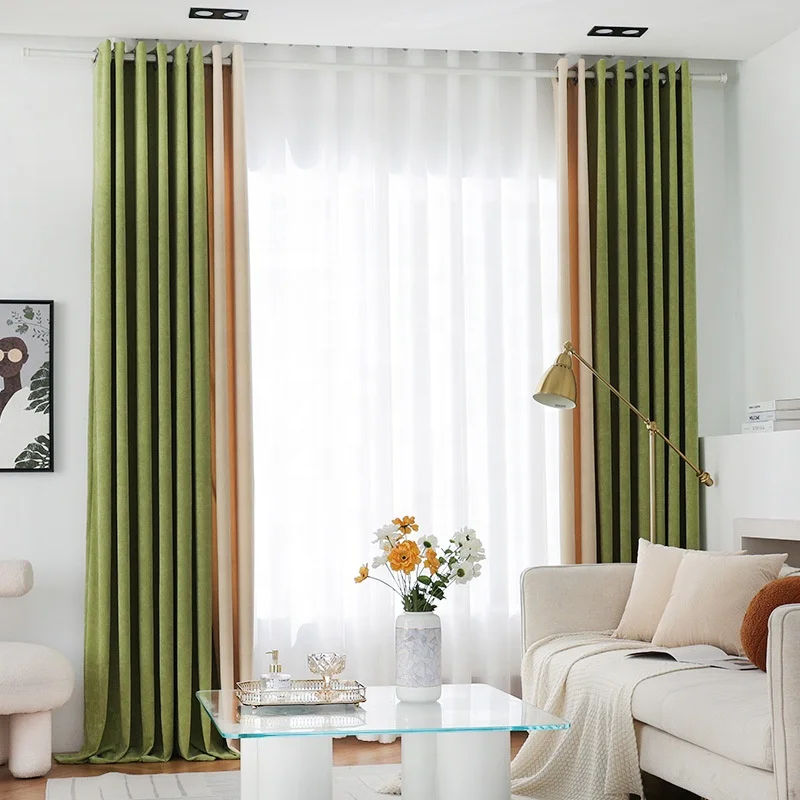 French Simple Solid Color Velvet Blackout Curtains for Bedroom Cream Patchwork Design Ready Made Curtains