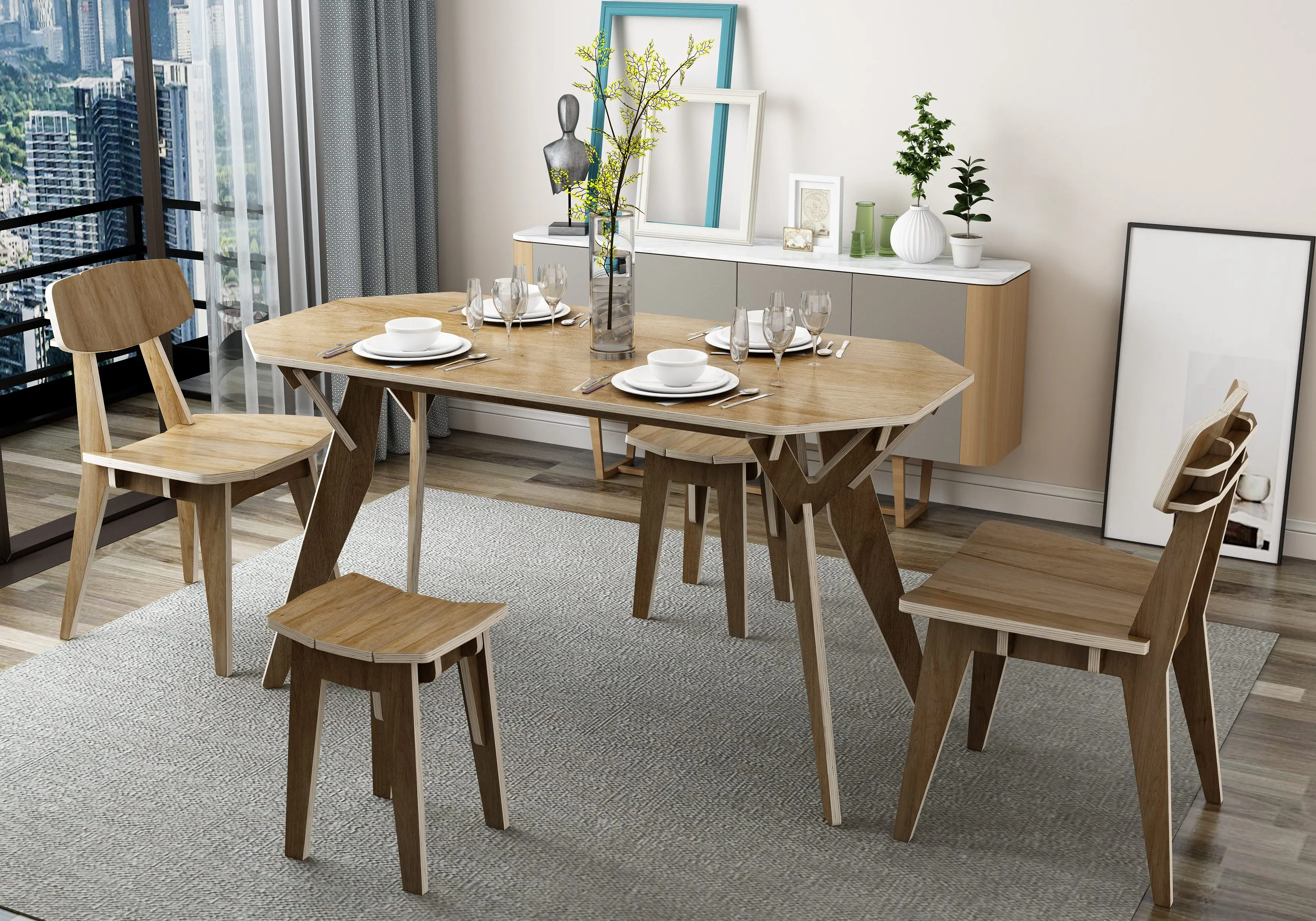 餐厅家具木制可折叠伸缩办公室餐桌椅套装