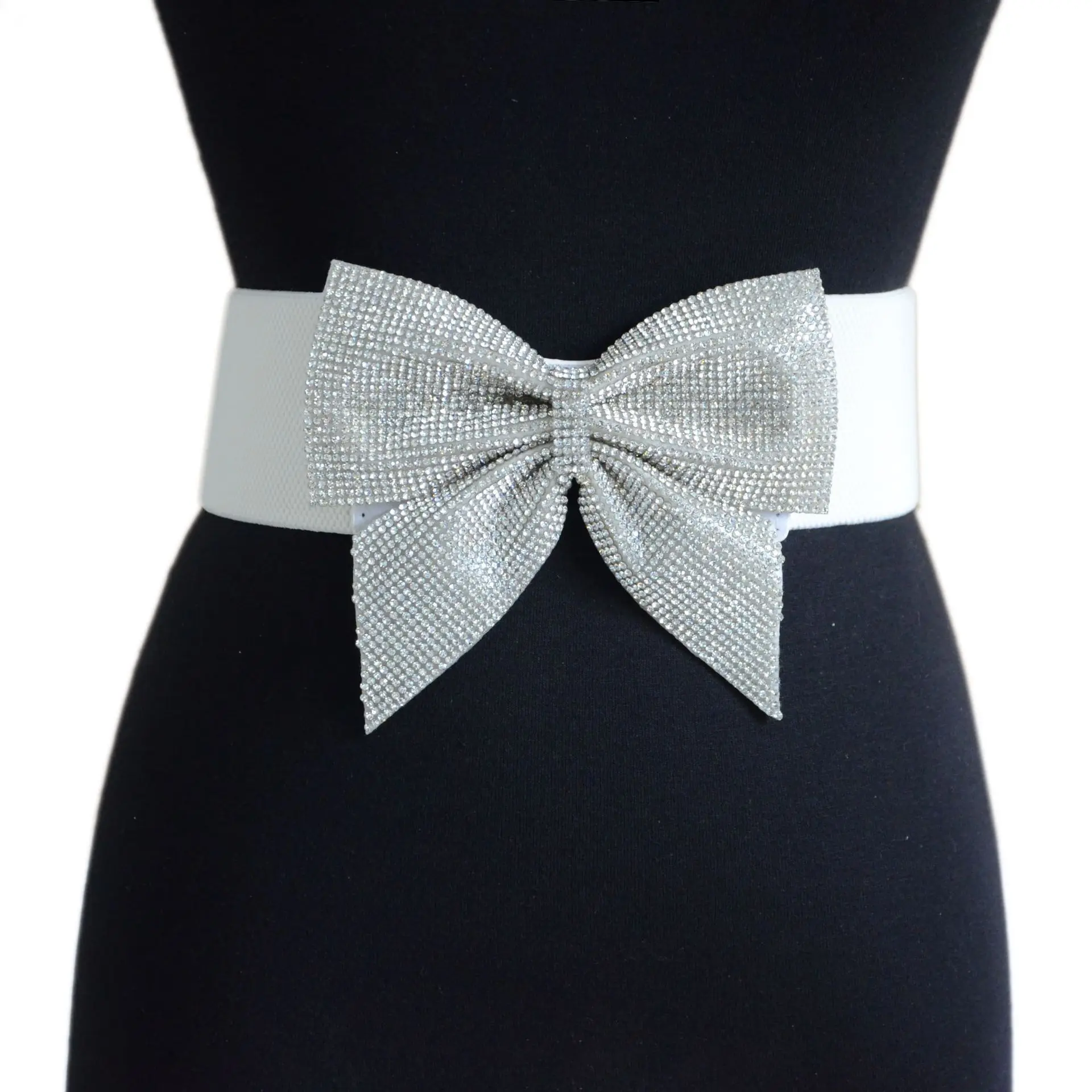 Big Rhinestone Bow Elastic Peplum Wide Waist Belt for Brides 
