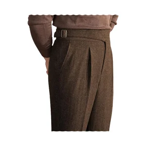 Men Trousers Vintage Tweed Blend Wool Viscose Zipper Fly Straight Slim Fit Flat-Front Mideweight Worsted Mid Waist Light Pants