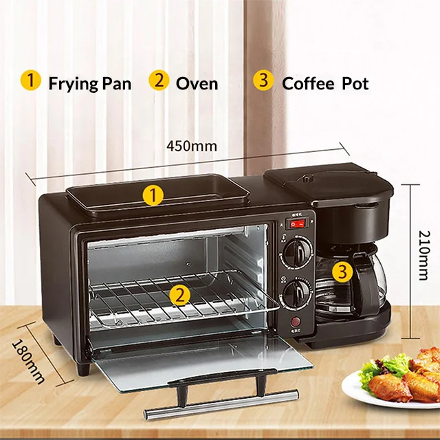 Factory Price 3-in-1 Electric Breakfast Machine Home Appliance with Oven  Coffee Maker Toaster Oven Frying Pan US Plug