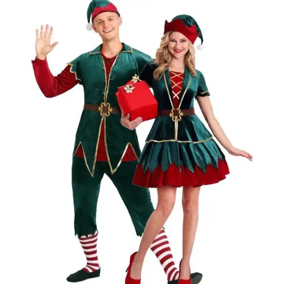 Kids Adults Elf Costume Christmas Fancy Dress Xmas Party Cosplay with Santa Hats 