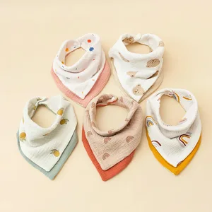 Muslin Cotton Baby Bibs Rainbow Cartoon Print Saliva Towel Feeing Burp Cloths Adjustable Snap Triangular Scarf