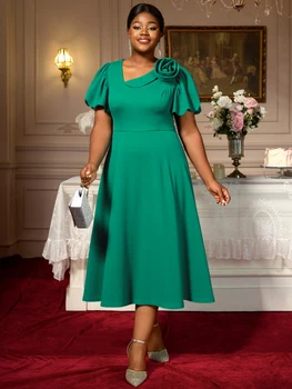 AM050727 AOMEI Summer Casual Dress a Line Puff Short Sleeve Plus Size Green Dresses Women