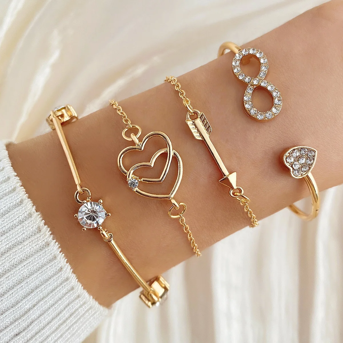 18K Gold Plated Rhinestone Arrow Heart Bracelet Set Classic Style State of Lover Couple Fashion Jewelry Wholesale Bangles