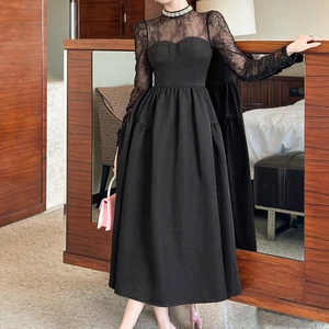 ZYHT 9965 Dresses Women Lady Elegant Black Lace Mock Neck Midi Dress with Long Sleeve Sweetheart Flared Dress