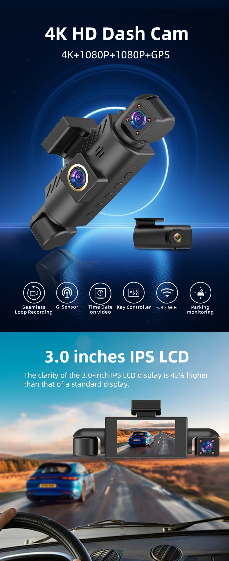 High-end Dash Cam Front and Rear 4k Inside Outside DVR 3.0 Inches LCD 4 Channel Black Box F1.6 with Wifi App Parking Monitoring details