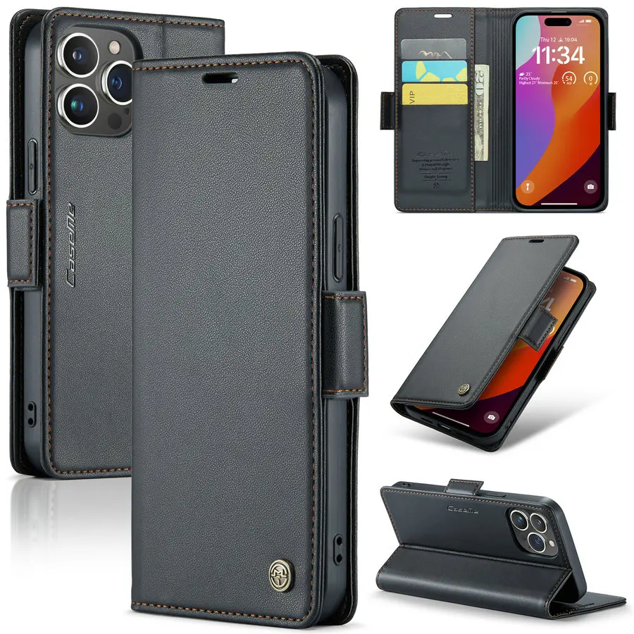 Leather Wallet Case For IPhone 15, 14, 13, 12, 11 Pro Max - Magnetic, Card Holder & Kickstand