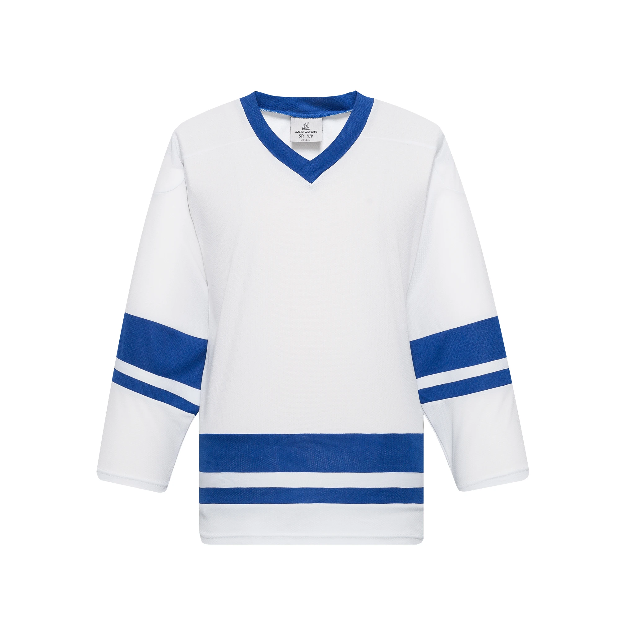 A Blank Blue Hockey Jersey Has Red And White Stripes High-Res